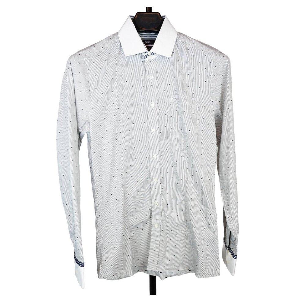 Calibre Men’s Long-Sleeved Dress Shirt – White Collar & Cuffs, Grey Line Pattern